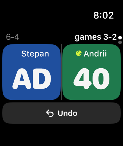 Deuce Tap on Apple Watch: AD – 40, games 3-2